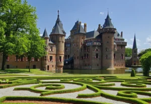 a castle with a maze in front of it